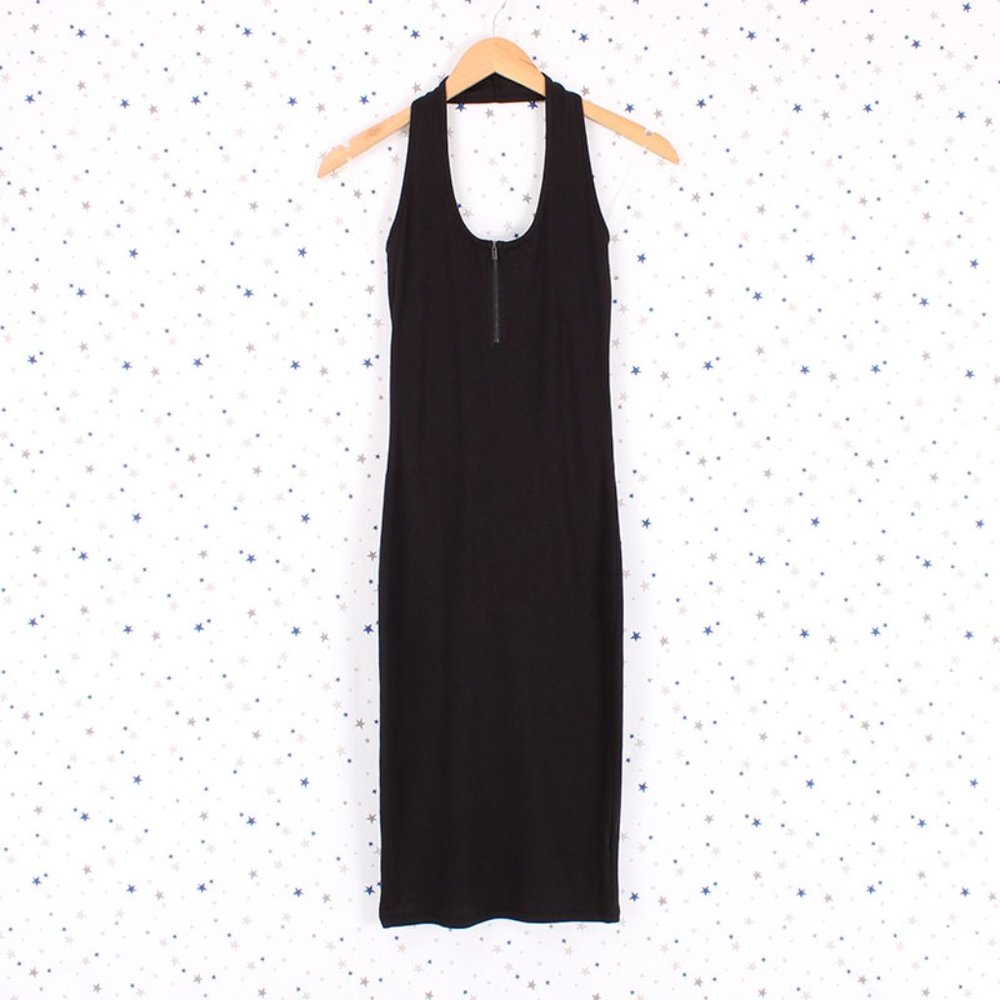 Black Ribbed Bodycon Halter Midi Dress - Picture 8 of 10